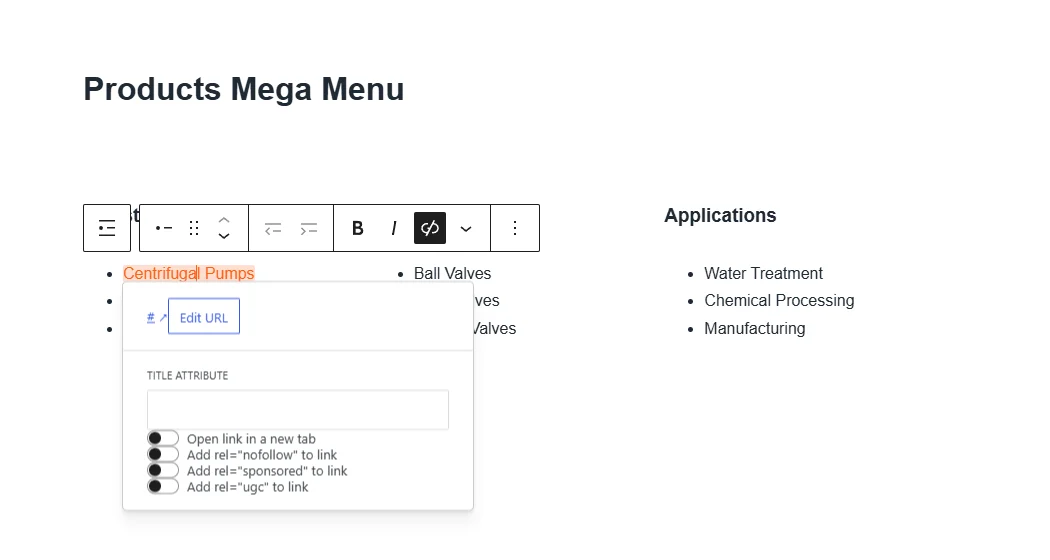 编辑刚才创建的Mega Menu链接为自己需要的链接